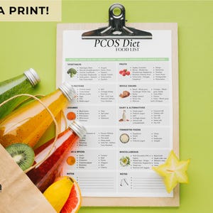 May include: A printable PCOS diet food list with a checklist of foods to include in a diet for Polycystic Ovary Syndrome. The list includes categories for vegetables, fruits, whole grains, dairy and alternatives, fermented foods, and miscellaneous.