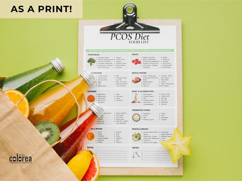 May include: A printable PCOS diet food list with a checklist of foods to include in a diet for Polycystic Ovary Syndrome. The list includes categories for vegetables, fruits, whole grains, dairy and alternatives, fermented foods, and miscellaneous.