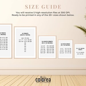 May include: A size guide for printable art prints, showing different aspect ratios and sizes in inches and centimeters. The guide includes 2:3, 3:4, and 4:5 ratios, with sizes ranging from 4x6 inches to 24x36 inches.