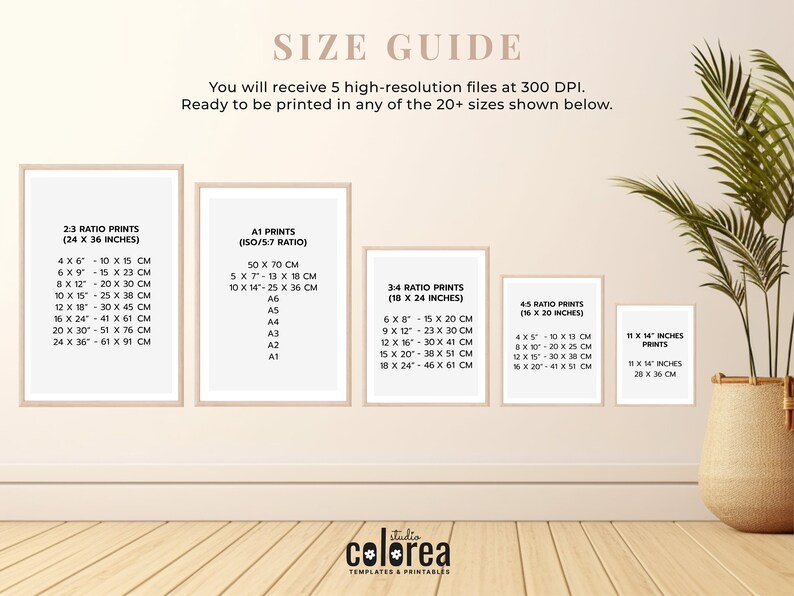 May include: A size guide for printable art prints, showing different aspect ratios and sizes in inches and centimeters. The guide includes 2:3, 3:4, and 4:5 ratios, with sizes ranging from 4x6 inches to 24x36 inches.