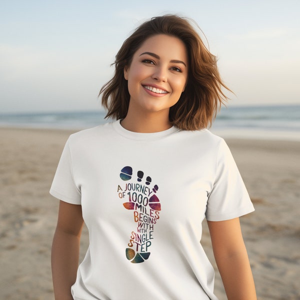Unique Footprint T-Shirt with Inspirational Quote - A Journey of 1000 Miles Begins with a Single Step