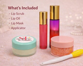 Kit de cuidado labial nocturno / Exfoliante, aceite hidratante, mascarilla