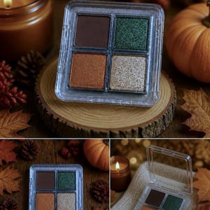 May include: A square eyeshadow palette in a clear plastic case featuring four distinct shades: a matte dark brown, a shimmering forest green, a metallic copper, and a glittery champagne gold, arranged in a two-by-two grid configuration.