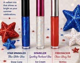 Trío de brillos labiales rojo, blanco y azul / Paquete de brillos labiales del 4 de julio / Brillo azul, blanco nacarado y rojo / Brillo labial vegano hecho a mano