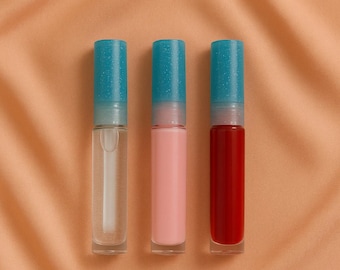 Trío Try Me: 3 brillos de labios veganos personalizados / Minis de 3 ml, color y sabor personalizados, sin crueldad animal, regalo para ella o recuerdo de fiesta