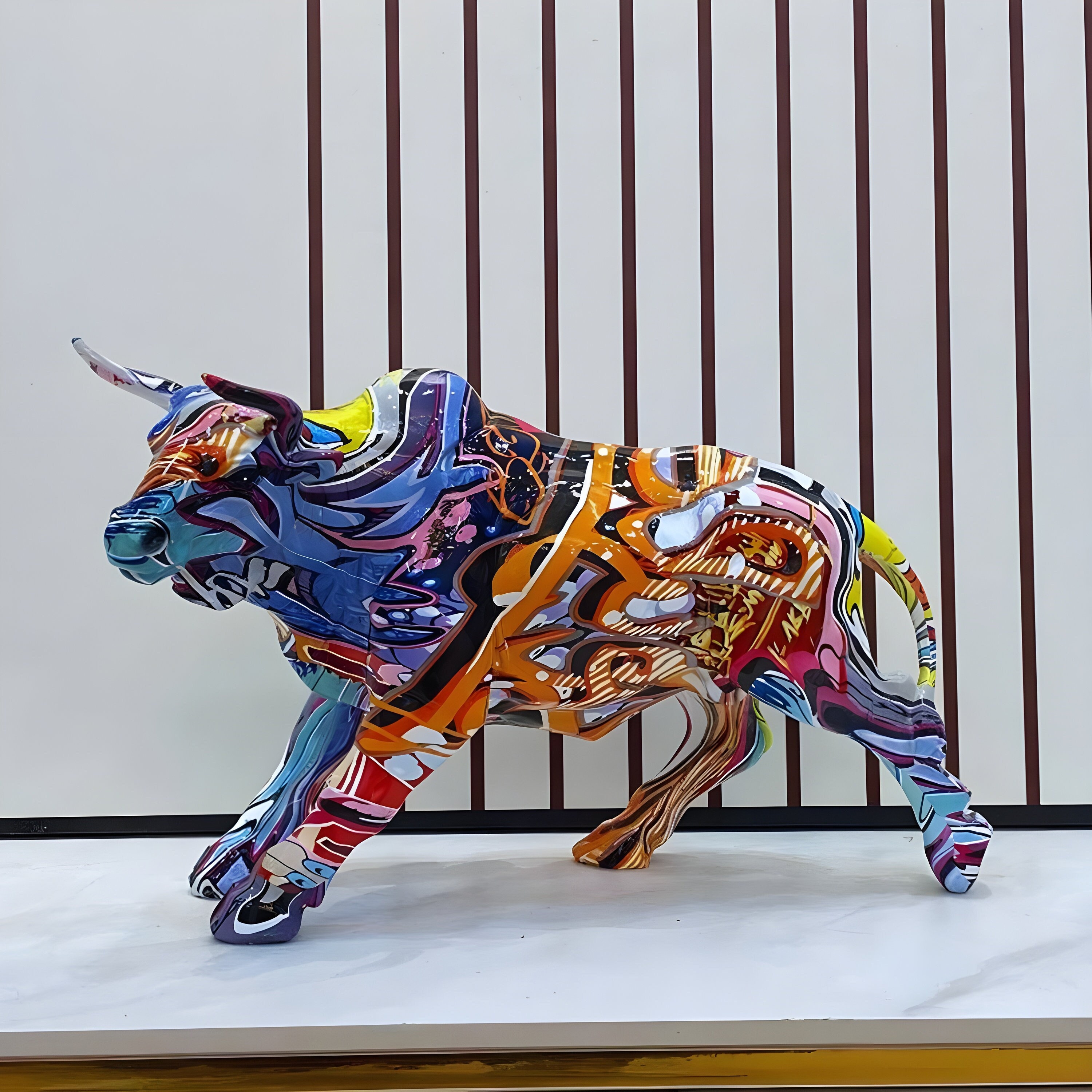 Charging Bull Statue Graffiti Figurine, Anime Pop Art, Colorful Ox