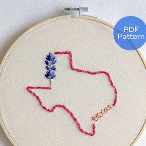 May include: Embroidered outline of the state of Texas with a bluebonnet flower in the top left corner and the word "Texas" stitched in orange thread below the outline.