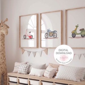 2-Wheel Transportation Vehicles | Bicycle, Motor bike and Vespa | Printable Wall Art | Nursery Decor | Kids Play Room | Nursery Wall Art