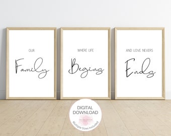 May include: Three framed prints with black calligraphy on a white background. The prints read "Our Family", "Where Life Begins", and "And Love Never Ends".