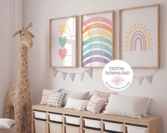Affirmation für Kids | Pastell Herzen und Regenbogen | Druckbare Wandkunst | Kinderzimmer Dekor | Kinderspielzimmer | Klassenzimmer Wandkunst