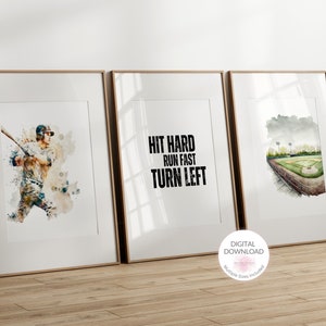 Honkbal citaat | Hard raken, snel rennen, linksaf slaan | Afdrukbare muurkunst | Sportthemakamer | Kinderkamer | Gym/speelkamer/kantoordecoratie | Mannengrot