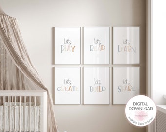 Let's Play, Read, Learn, Create, Share, Build | Fun Colorful Words | Printable Wall Art | Nursery Decor | Kids Play Room | Classroom Decor