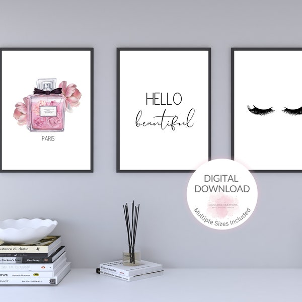 Hello Beautiful | Perfume and Lashes | Printable Wall Art | Glam Office Decor | Girl Boss | Inspirational & Motivational Quote | Self Love