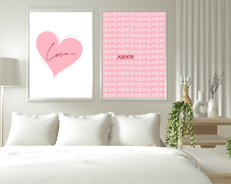 Pink Heart, XOXO, Heart Candy Prints Printable Wall Art Pink and White