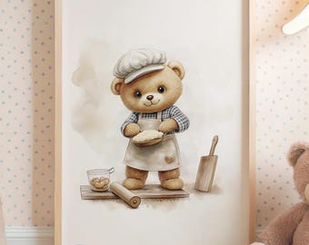 Osito de peluche panadero ilustración acuarela, póster imprimible vintage, arte de pared infantil, decoración infantil, descarga digital