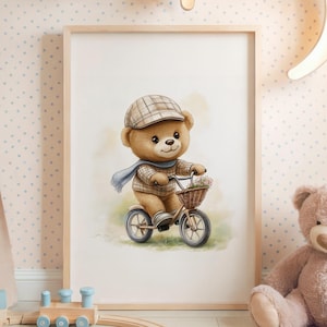 Osito de peluche en bicicleta ilustración acuarela, póster imprimible vintage, arte de pared infantil, decoración infantil, descarga digital