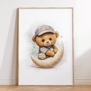 Osito de peluche soñador sobre una luna ilustración acuarela, póster imprimible vintage, lámina infantil, decoración bebé, descarga digital