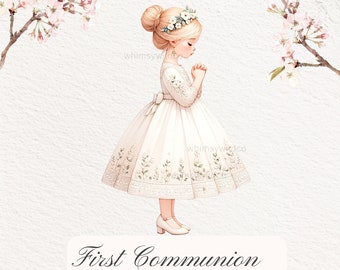 May include: Watercolor clipart of a young girl in a white dress with floral embroidery, holding her hands together in prayer. She is wearing a flower crown and has blonde hair. The background is a light beige with a branch of pink blossoms on each side.
