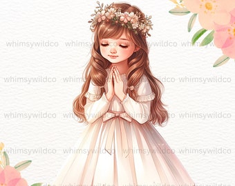 Elegante clipart de niña de primera comunión con corona de flores, ilustraciones de eventos religiosos cristianos, lindo personaje de comunión, imágenes prediseñadas digitales