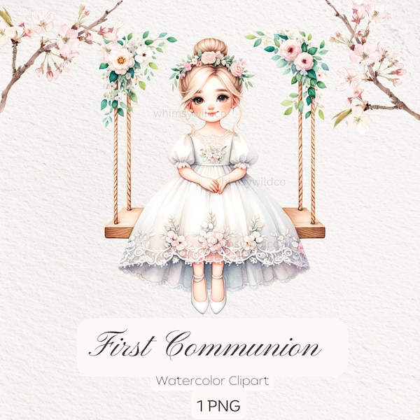 First Communion Clipart - Christian Child on Swing with Floral Tiara, High-Resolution Digital Art PNG, Perfect for Invitations & Crafts