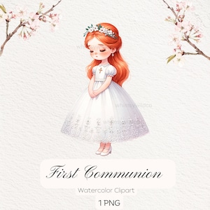 Clipart de menina de primeira comunhão com coroa floral, PNG de alta qualidade para arte cristã, convites e projetos de artesanato, menina ruiva
