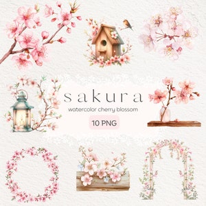 Imágenes Prediseñadas de flores de cerezo de acuarela - Sakura Floral PNG - Colección de imágenes prediseñadas de primavera - Coronas y marcos florales - Arte japonés de decoración Sakura