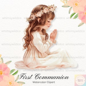 Elegante prima comunione ragazza clipart per inviti e lavoretti, affascinante ragazza in preghiera illustrazione con corona di fiori in PNG di alta qualità