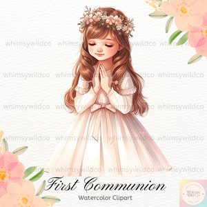 Elegante prima comunione ragazza clipart con corona di fiori, illustrazioni di eventi religiosi cristiani, simpatico personaggio di comunione, clipart digitale