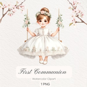 Affascinante clipart per la prima comunione - Bambino cristiano sull'altalena con diadema floreale, grafica digitale per inviti, artigianato religioso