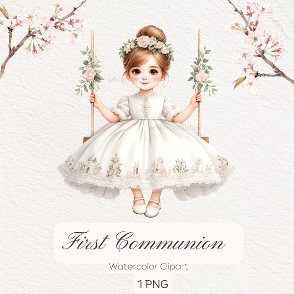 Charming First Communion Clipart - Christian Child on Swing with Floral Tiara, Digital Artwork for Invitations, Religious Crafting