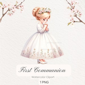 Erstkommunion Mädchen Clipart, Blumenkrone hochwertiges PNG, ideal für christliche Kunst, Einladungen & Bastelprojekte, katholische Kunst, Aquarell