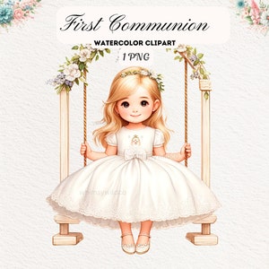 Elegante prima comunione ragazza clipart con corona floreale - illustrazione cristiana, ragazza carina su altalena clipart, arte digitale per la lavorazione