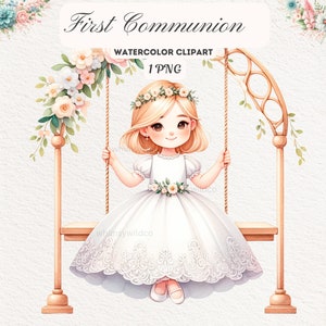 Clipart de première communion gracieux - fille chrétienne sur la balançoire, illustration de couronne de fleurs, création d'art et art d'invitation, art numérique pour l'artisanat