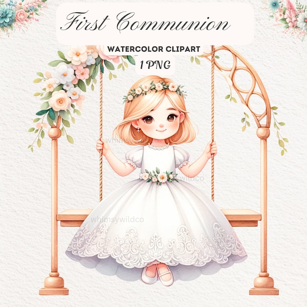 Graceful First Communion Clipart - Christian Girl on Swing, Flower Crown Illustration, Crafting and Invitation Art, Digital Art for Crafting