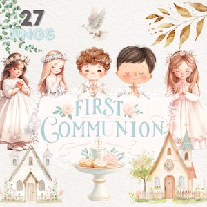 Paquete de imágenes prediseñadas de acuarela de Primera Comunión / Ilustraciones religiosas digitales / Símbolos cristianos / Imágenes prediseñadas de la Santa Comunión para niñas y niños