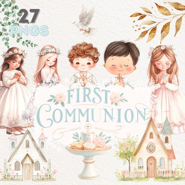 Erstkommunion Aquarell Clipart Bundle | Digitale religiöse Illustrationen | Christliche Symbole | Clipart zur Heiligen Kommunion für Mädchen und Jungen