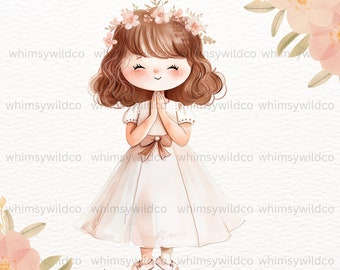 Clipart de niña de primera comunión con corona de flores, elegante clip art cristiano, ilustraciones de eventos religiosos, lindo personaje de comunión, digital