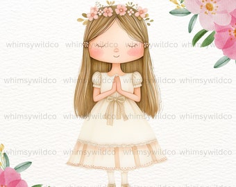 Acuarela Primera Comunión Niña Clipart, Elegante Corona de Flores Arte Cristiano, Evento Religioso Ilustraciones de Acuarela, Niña de Primera Comunión