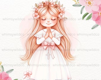 Erste Kommunion Aquarell Clipart - Christliche, Religiöse, süße Mädchen Kommunion Charakter, Digitale PNG Datei für Kunsthandwerk & Einladungen