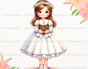 First Communion Girl Clipart with Flower Crown, Elegant Christian Clip Art for Religious Events, Cute Communion Character Illustrations
