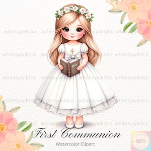 Élégante illustration de première communion avec diadème floral, graphismes chrétiens sacrés, oeuvre d'art pour l'événement divin, adorable figurine de communion