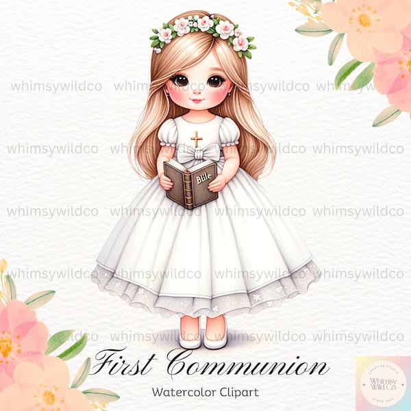 Elegant First Communion Girl Illustration with Floral Tiara, Sacred Christian Graphics, Divine Event Artwork, Adorable Communion Figure