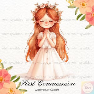 Clipart elegante niña primera comunión, corona de flores adornada, ilustraciones de eventos cristianos, arte digital para manualidades e invitaciones