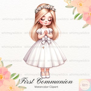 Première communion fille blonde avec des cliparts de couronne de fleurs, art numérique chrétien élégant pour des invitations et des travaux manuels, illustrations d'événements religieux
