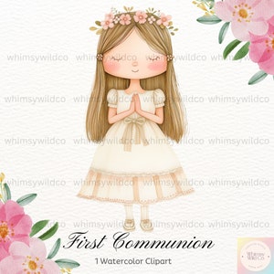 Clipart aquarelle première communion fille, élégante couronne de fleurs art chrétien, événements religieux illustrations aquarelle, première communion fille