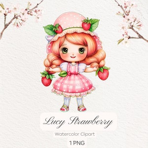 Lucy fraise poupée aquarelle Clipart, téléchargement immédiat pour travaux manuels, invitations, décorations de fête, jolie fille avec des fraises PNG