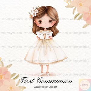 エレガントな初聖体拝領の女の子のクリップアート、花冠のキリスト教アート、宗教行事のイラスト、工芸品用のかわいい聖体拝領キャラクター