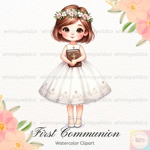 Elegante clipart per ragazza per la prima comunione con corona di fiori - Illustrazioni di eventi religiosi di alta qualità, perfette per inviti e creazioni