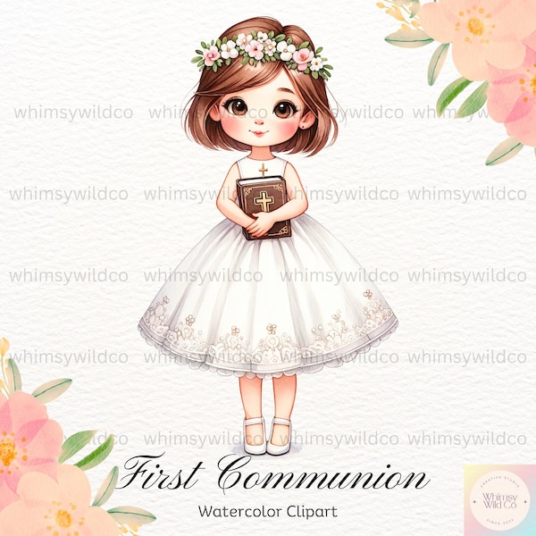 Elegant First Communion Girl Clipart with Flower Crown - High-Quality Religious Event Illustrations, Perfect for Invitations & Crafts