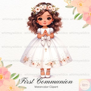 Erstkommunion Braunes Haar Mädchen mit Blumenkrone Clipart, Elegante Christliche Kunst für Einladungen & Kunsthandwerk, Digital Art, PNG-Datei